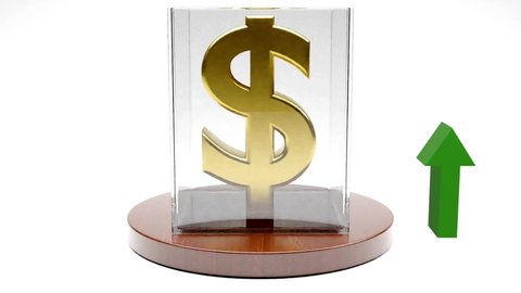 US Dollar sign with Golden colour spinning in glass showcase on white background with Green Up Arrow. Foreign exchange money wealth finance economy concept. 3D Render Animation