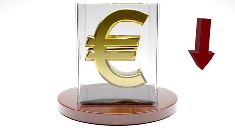 Euro sign with Golden colour spinning in glass showcase on white background with Red Down Arrow. Foreign exchange money wealth finance economy concept. 3D Render Animation