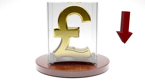 Sterling Pound sign with Golden colour spinning in glass showcase on white background with Red Down Arrow. Foreign exchange money wealth finance economy concept. 3D Render Animation