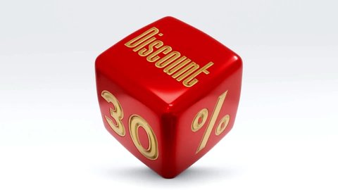 Sale discount 30 percent dice cube videos. Special offer price signs of red and gold colours on white background. 10, 20, 30, 40, 50, 60, 70, 80, 90 and 100 percent off, big sale, shopping, discount