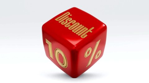 Sale discount 10 percent dice cube videos. Special offer price signs of red and gold colours on white background. 10, 20, 30, 40, 50, 60, 70, 80, 90 and 100 percent off, big sale, shopping, discount