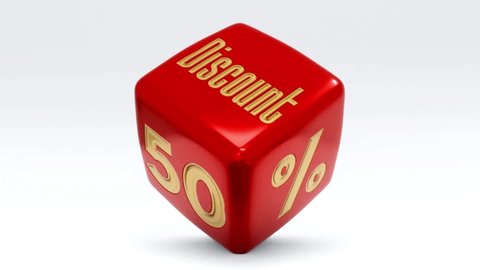 Sale discount 50 percent dice cube videos. Special offer price signs of red and gold colours on white background. 10, 20, 30, 40, 50, 60, 70, 80, 90 and 100 percent off, big sale, shopping, discount