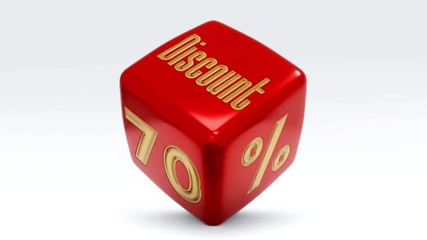 Sale discount 70 percent dice cube videos. Special offer price signs of red and gold colours on white background. 10, 20, 30, 40, 50, 60, 70, 80, 90 and 100 percent off, big sale, shopping, discount