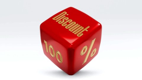 Sale discount 100 percent dice cube videos. Special offer price signs of red and gold colours on white background. 10, 20, 30, 40, 50, 60, 70, 80, 90 and 100 percent off, big sale, shopping, discount