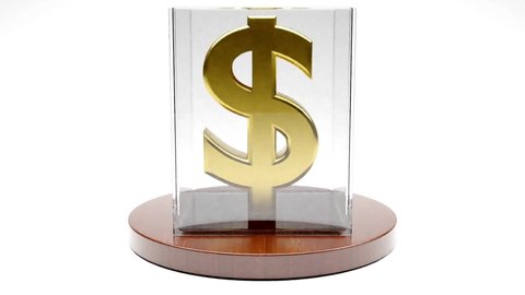 US Dollar sign with Golden colour spinning in glass showcase on white background. Foreign exchange money wealth finance economy concept. 3D Render Animation