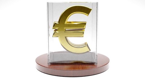 Euro sign with Golden colour spinning in glass showcase on white background. Foreign exchange money wealth finance economy concept. 3D Render Animation