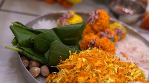 Hindu Pooja Items, Puja Samagri, Rituals, Paan (betel) lea  marigold leaves and marigold flower
