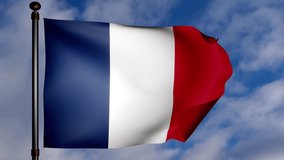 French Flag with fabric texture waving in the wind on a blue white cloudy sky background. Seamless loop stock 4K video. National Flag of France. 3D Render Video