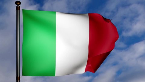 Italian Flag with fabric texture waving in the wind on a blue white cloudy sky background. Seamless loop stock 4K video. National  Flag of Italia. 3D Render Video