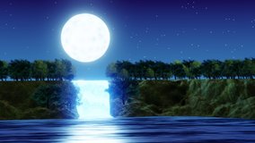 Waterfall cliff. Full moon night. Blue tone. Forest nature. Mountains and waterfalls. Glowing at night. Fantasy style. 3D Rendering. - Powered by Shutterstock - Get 15% off with code: PIKWIZARD15