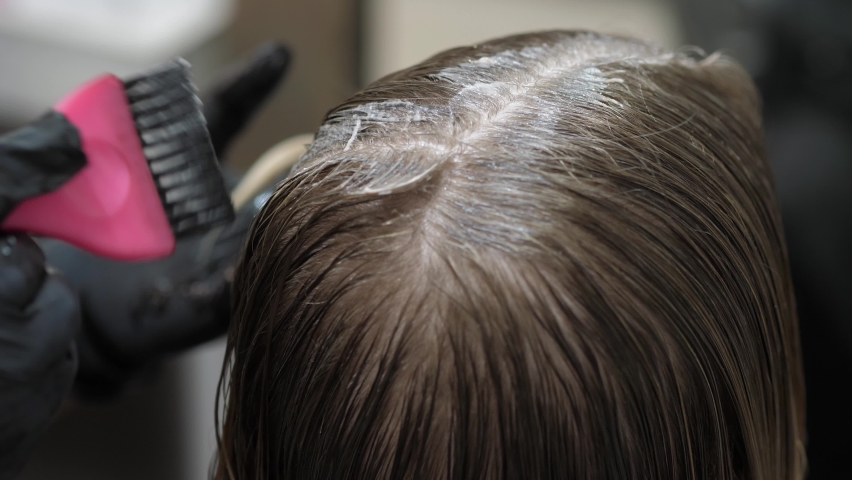 Hairdresser's hand paints gray hair roots with a brush. Hair coloring close-up | Shutterstock HD Video #1090371265