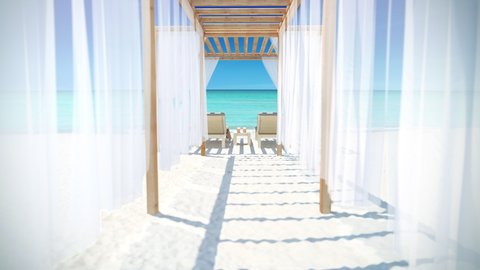 Romantic pergola on a paradise beach with azure water. Exclusive sunny holidays on the island.