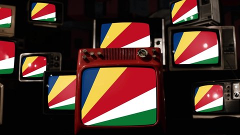Flag of Seychelles and Vintage Televisions. 4K Resolution.