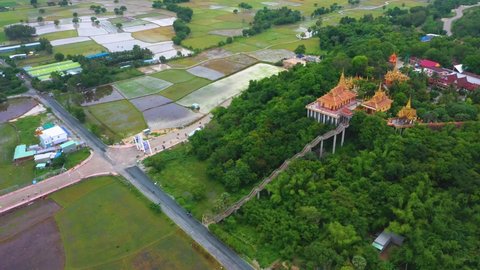Aerial view of Ta Pa pagoda in Ta Pa hill, Tri Ton town, one of the most famous Khmer pagodas in An Giang province, Mekong Delta, Vietnam. Travel and religious concept.