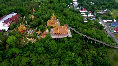 Aerial view of Ta Pa pagoda in Ta Pa hill, Tri Ton town, one of the most famous Khmer pagodas in An Giang province, Mekong Delta, Vietnam. Travel and religious concept.