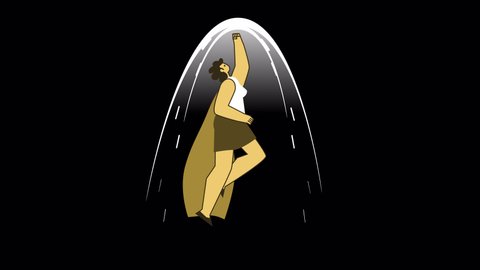 Yellow Style Woman Flat Character Superhero Flies Up. Isolated Loop Animation with Alpha Channel