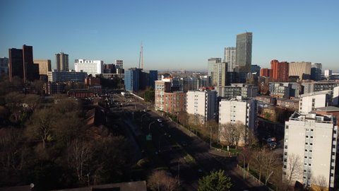 BIRMINGHAM, UK - 2022: Rising aerial view of Birmingham city centre in the UK