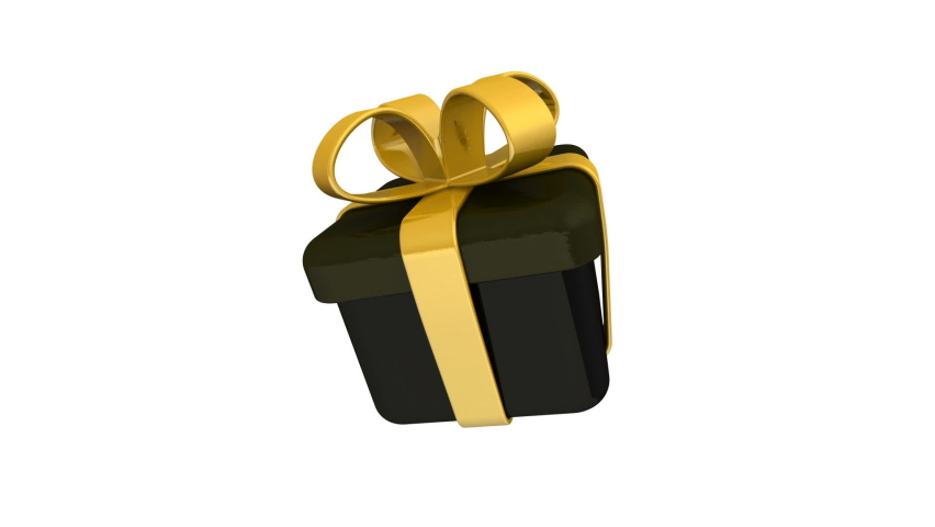 Rotating Gift Box. One black spinning gift box with gold ribbon and bow against white background Royalty-Free Stock Footage #1090381193