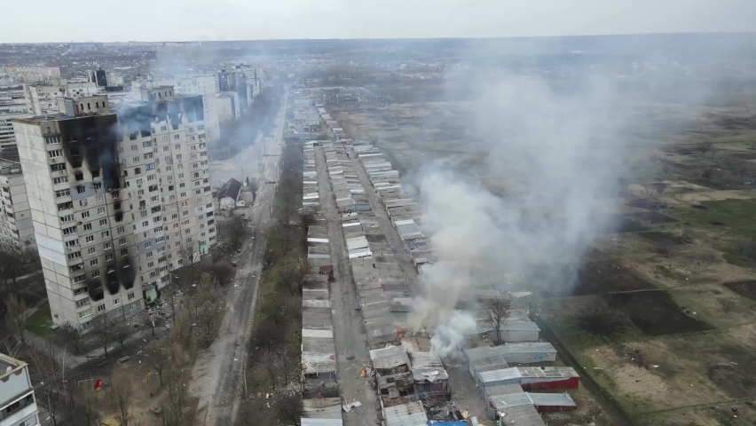 Ukraine Russia war. War footages. Burning buildings after explosions. 