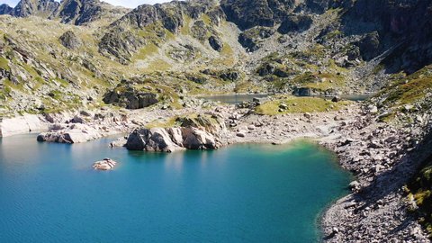 Aerial view of Juclar ponds, in the alpine mountains of Grau Roig, Andorra.