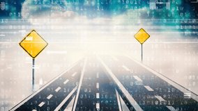 Animation of binary code over road and road signs. transport, traffic, navigation and technology concept digitally generated video. - Powered by Shutterstock - Get 15% off with code: PIKWIZARD15