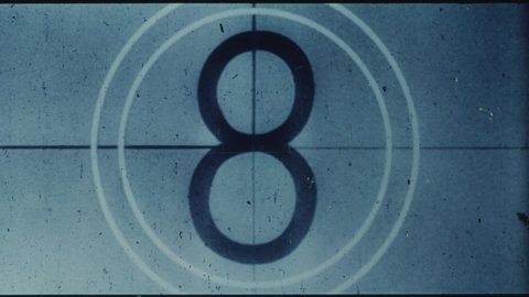 Countdown Leader, Picture Start. 4K Scan of Full Frame 35mm Film. Blue tint Monochrome from 8 to 2.  Old Film rolling with details, scratches, markers and grain
