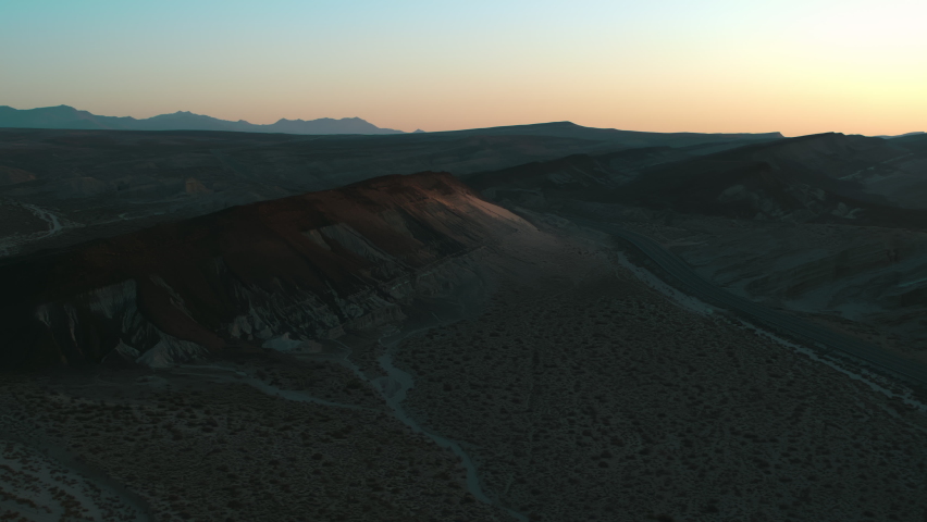Death Valley California USA April 2022 Beautiful Aerial Panorama Drone View of Death Valley and beyond at sunrise.