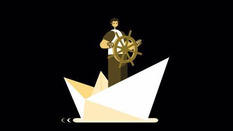 Yellow Style Man Flat Character Sailing on Paper Ship Boat. Isolated Loop Animation with Alpha Channel