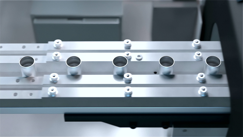 Conveer for the production of lithium ion battery. Stamping of batteries, application of protective coating. Close-up. 3D redering.