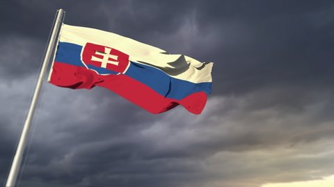 Slovakia flag waving on massive sunset clouds at hail rain forecast background