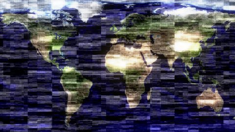 Abstract glitch effect purple  world map animation 3D rendering for background. Abstract earth map with grunge grid texture background concept.