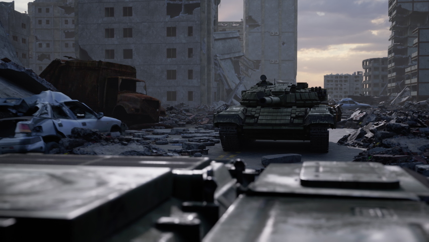 Huge damage cause by the war in Ukraine. The ruined city landmarks, debris of buildings, smoldering parts of Mariupol city structures. A convoy of military machines drives through the occupied city