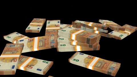 Many wads of money falling down on transparent background. 50 Euro banknotes. Stacks of money. Financial and business concept. Alpha channel.