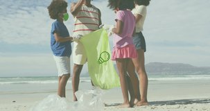 Animation of globe over african american family with face masks picking waste on sunny beach. healthy and active beach holiday concept digitally generated video.