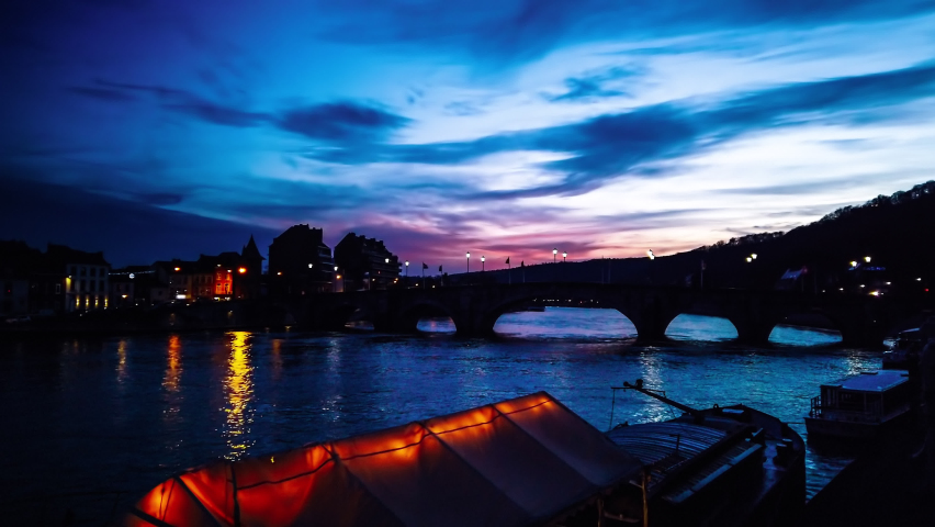 Beautiful night view of Meuse river in Namur, Belgium