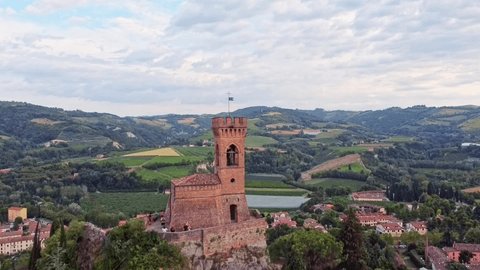 Brisighella ,Ravenna, Emilia-Romagna, Italy. Aerial Drone footage view the Clock Tower famous. 