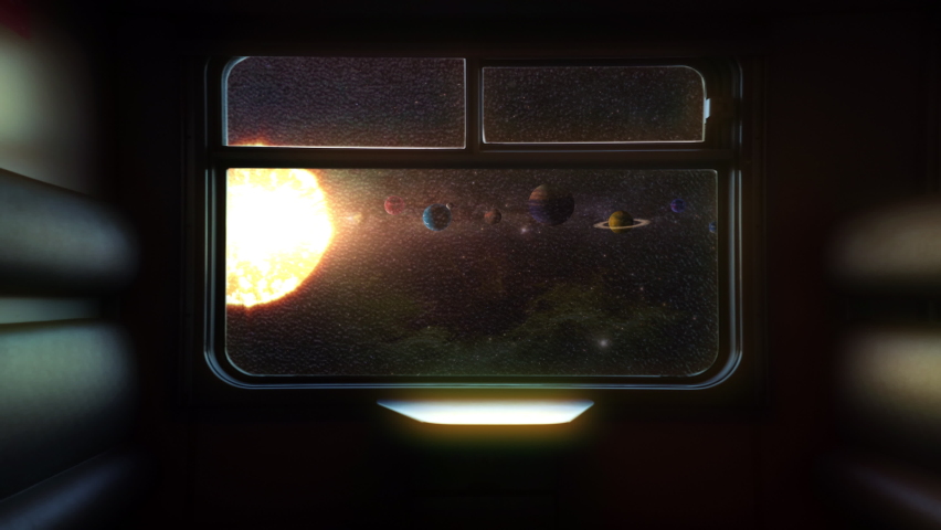 Space Travel Planets Alignment Spaceship Window View. Vintage spaceship traveling though solar system planets in space. Science fiction | Shutterstock HD Video #1090408499