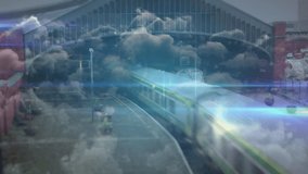Animation of network of connections and sky with slouds over train station. global technology, connections and digital interface concept digitally generated video.