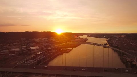 Aerial drone footage of a sunset from Fremont bridge, Portland, Oregon