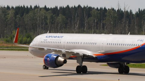 MOSCOW, RUSSIAN FEDERATION - JULY 31, 2021: Airbus A321 VP-BAZ Aeroflot taxiing after landing at Sheremetyevo airport on a summer day. Tourism and travel concept
