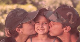 Animation of hearts over happy caucasian soldier parents and their daughter. usa patriotism, family and relationship concept digitally generated video.