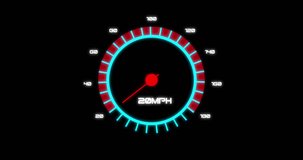 Animation of car speedometer on black background. global transport and digital interface concept digitally generated video.