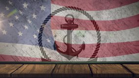 Animation of anchor and ship over american flag. columbus day and travel concept digitally generated video.