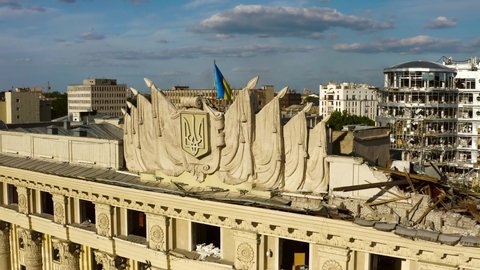 Ukraine, Kharkiv, May 19, 2022, destroyed building after shelling, drone video