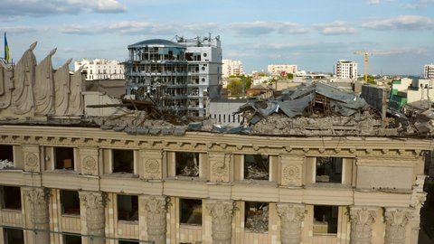 Ukraine, Kharkiv, May 19, 2022, destroyed building after shelling, drone video