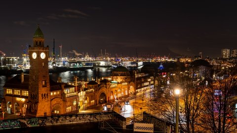 4k Time lapse Hamburg, Germany: St. Pauli Landungsbruecken in Hamburg at night