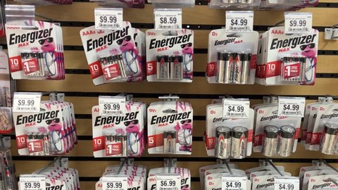 Springfield, IL USA - May 2, 2022: Panning down on the rows of Energizer Batteries for sale at the Scheels Sporting Goods store in Springfield, Illinois.