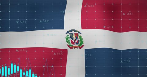 Animation of data processing over flag of dominican republic. global business, finances, connections and digital interface concept digitally generated video.