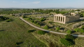 Aerial shot with drone of Selinunte, archaeological site in the Mediterranean. Acropolis, Colle Manuzza, Eastern Hill, Colle Gaggera, Handicraft District, Byzantine Baptistery.