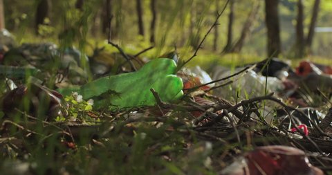 Plastic garbage is lying on the ground in the forest.